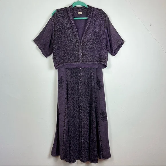 Vintage 1990’s Magic Embroidered Purple Maxi Tank Dress And Shrug Set L Boho - Picture 1 of 12